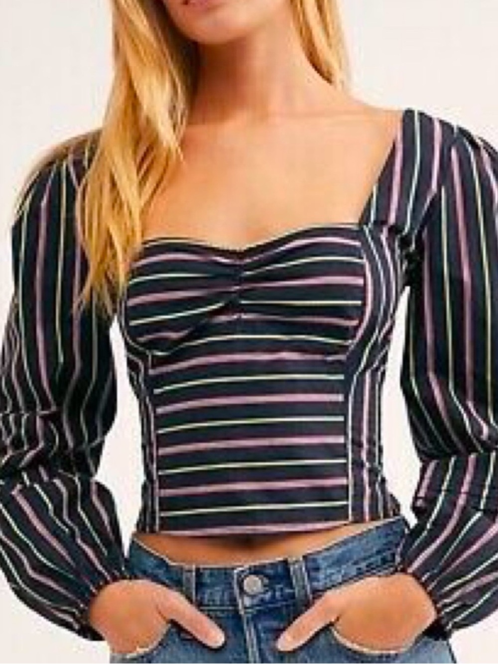 Free People Striped Cropped Balloon Sleeve Sunshine In Sicily Top Boho Ruched XS
